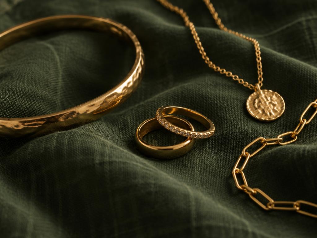 Guldringe, kæder og armbånd på mørkegrøn dug