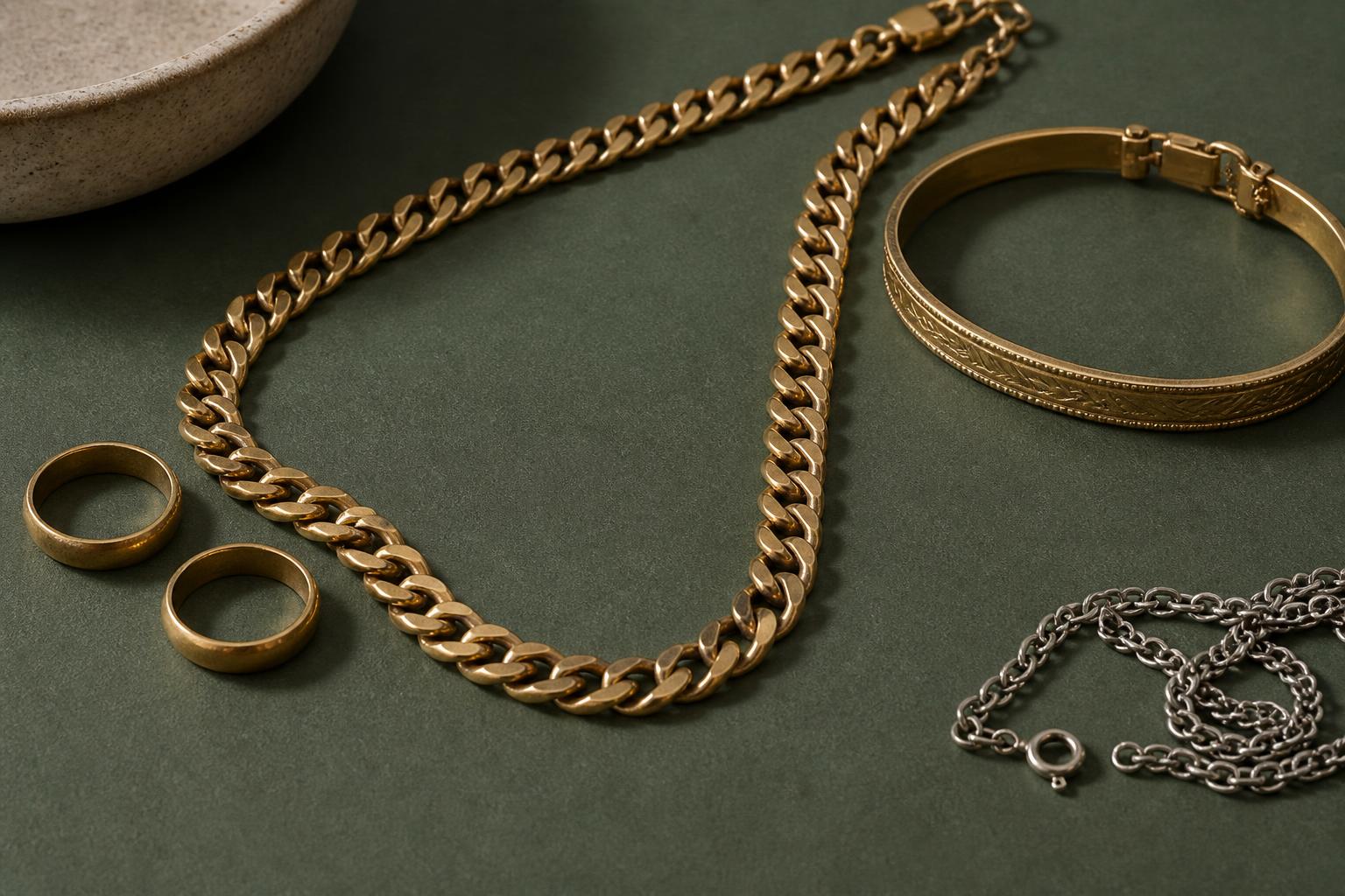 Guldringe, armbånd og kæder samt en sølvkæde