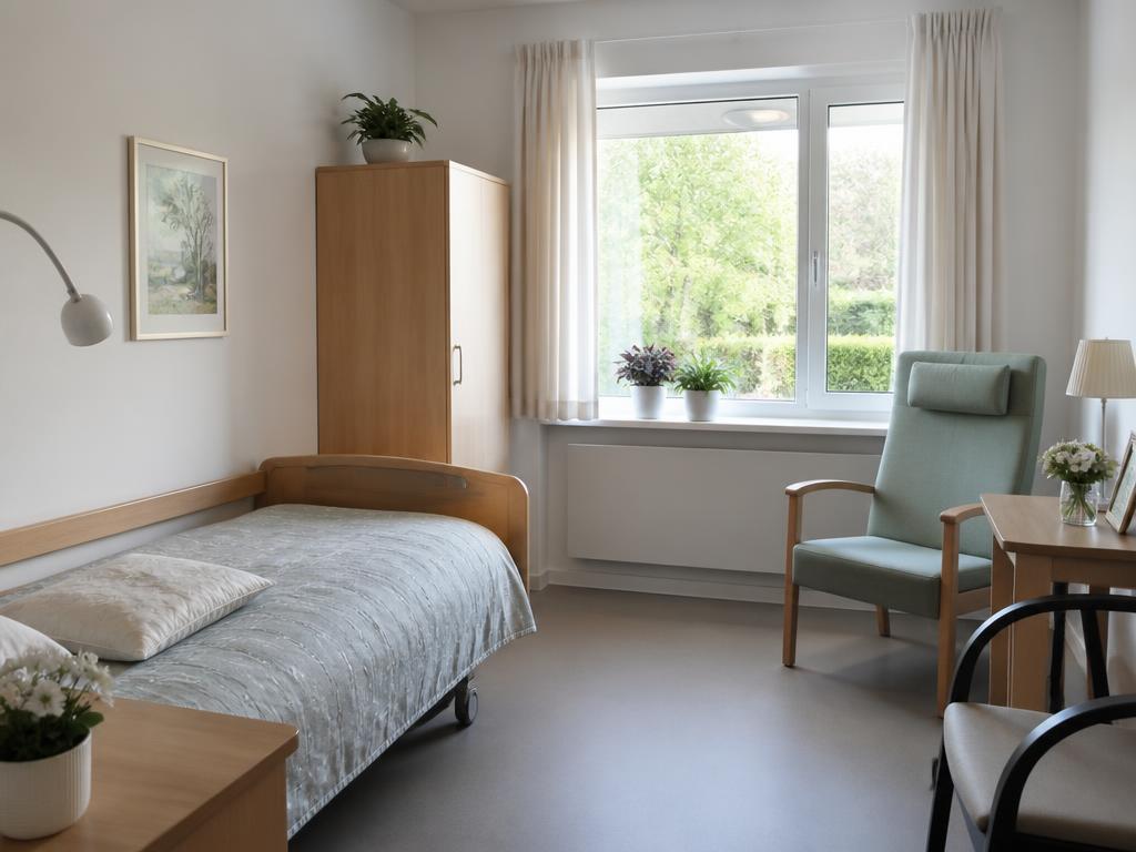 Lys plejeboligstue med seng, skab og lænestol