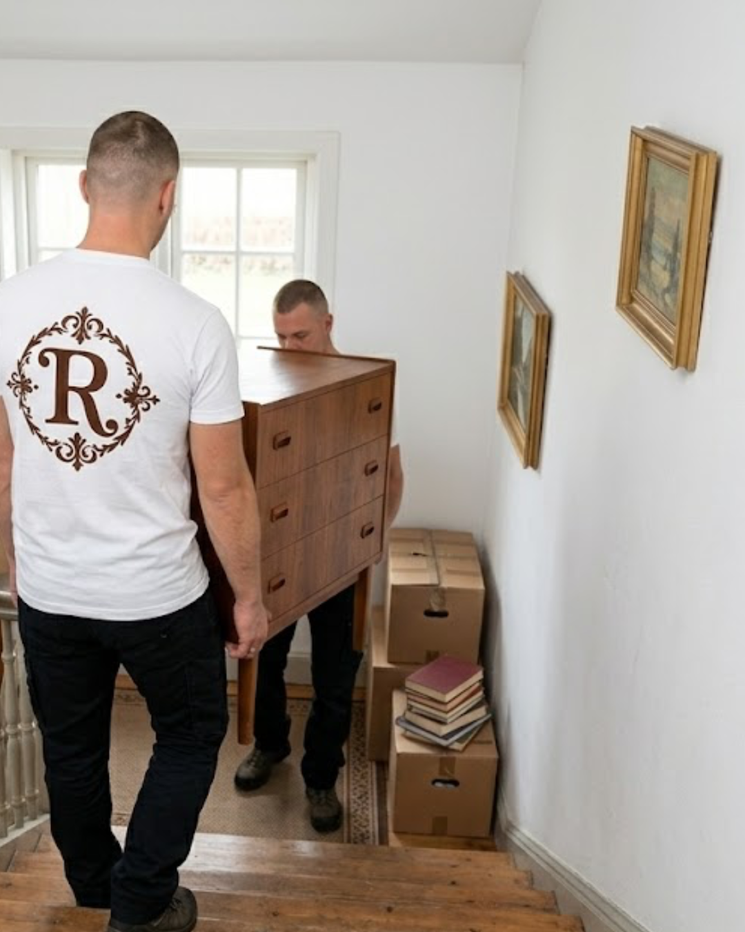 Rydbo-medarbejdere i uniform bærer en kommode gennem et hjem med malerier på væggen