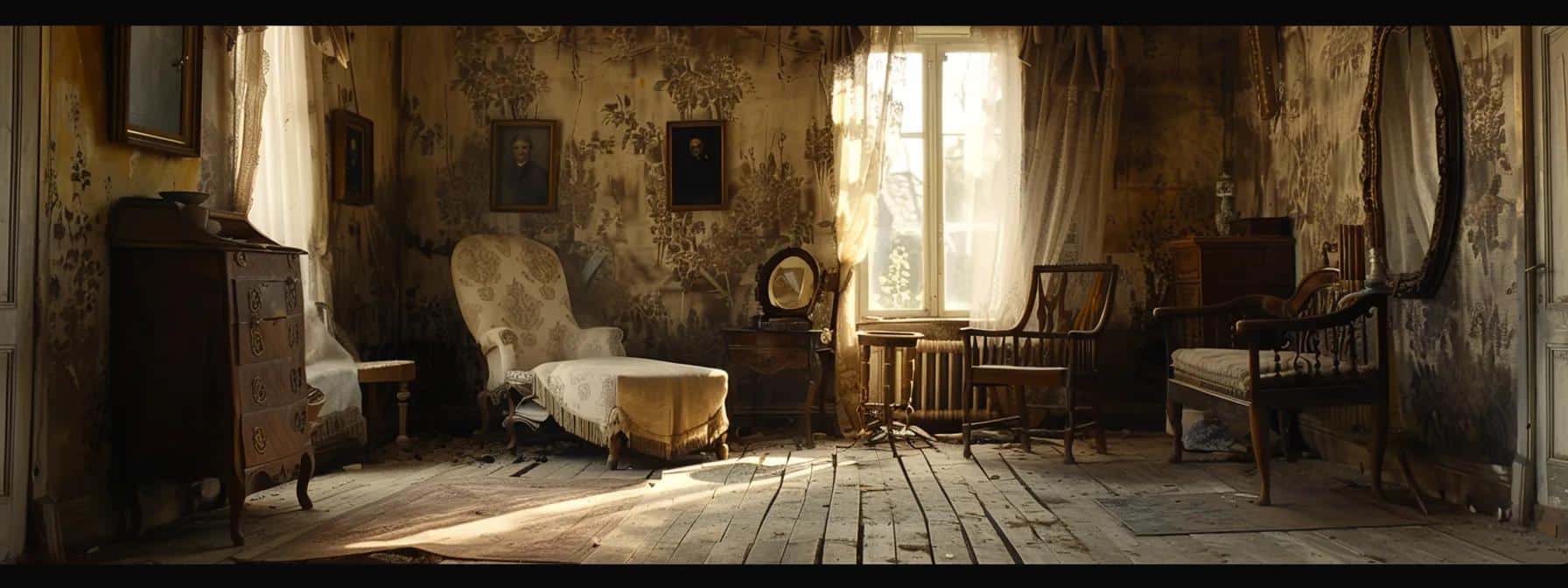 en nostalgisk scene fra 1800-tallet viser en forladt, støvet bolig fyldt med slidte møbler og falmede tapeter, der vidner om livet i en svunden tid.