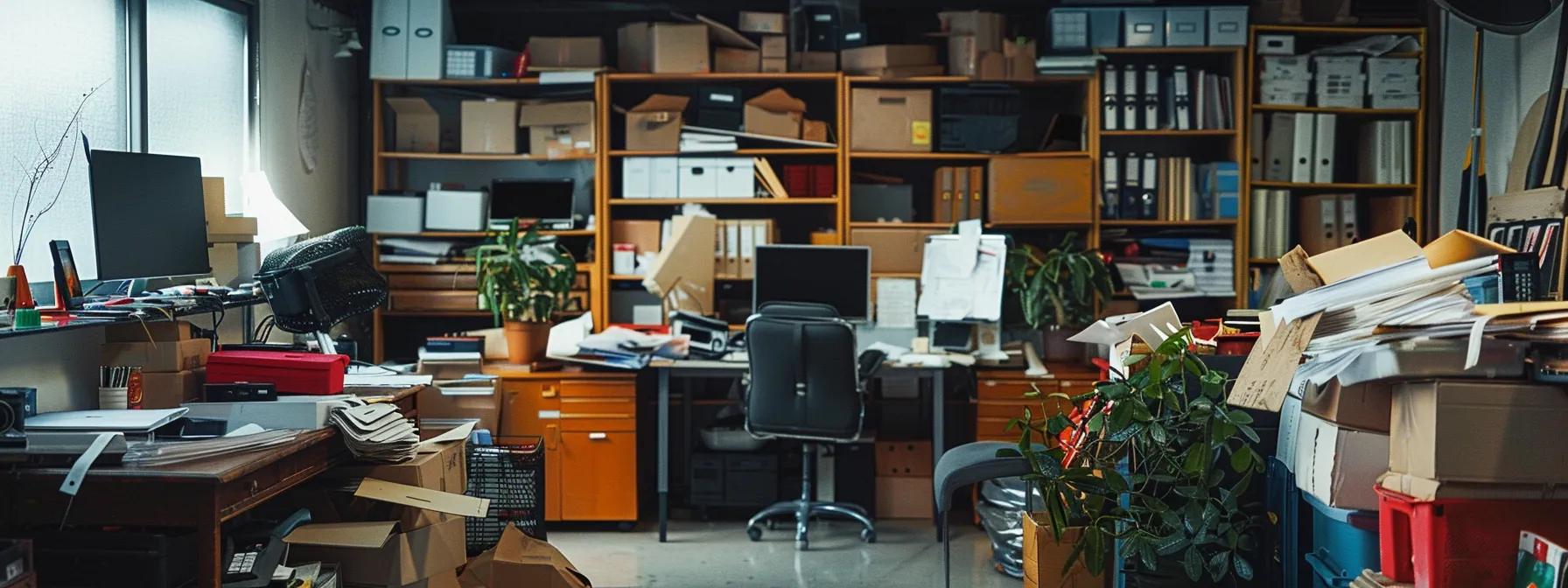 en professionel rydningsproces i et velordnet kontormiljø, hvor eksperter systematisk sorterer og organiserer ejendele med fokus på effektivitet og struktur i deres arbejde.