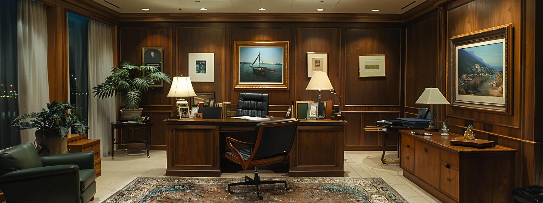 et professionelt kontormiljø, hvor en vurderingsspecialist undersøger værdifulde genstande som antikviteter og kunst, belyst af moderne, varm kunstig belysning, der fremhæver detaljerne i rummets elegante indretning.